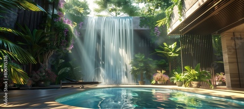 The idea of       living in harmony with nature and clean energy. Simulated waterfall in a luxury home with a state-of-the-art water management system