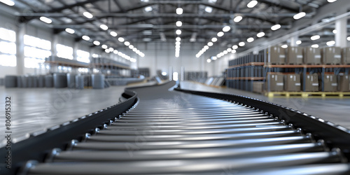 Conveyor Belt With Metal Rollers In A warehouse Background, 