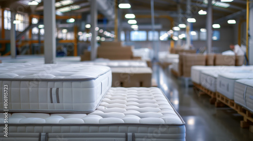 Close-up of white mattresses arranged in a large industrial factory setting with workers in the background.