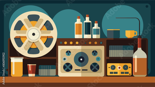 Behind the bar a vintage reeltoreel tape player adds to the old school charm of the audio setup. Vector illustration