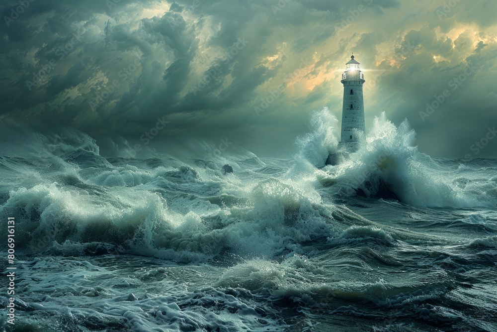 Lighthouse stands tall in stormy sea, waves crash under cloudy sky