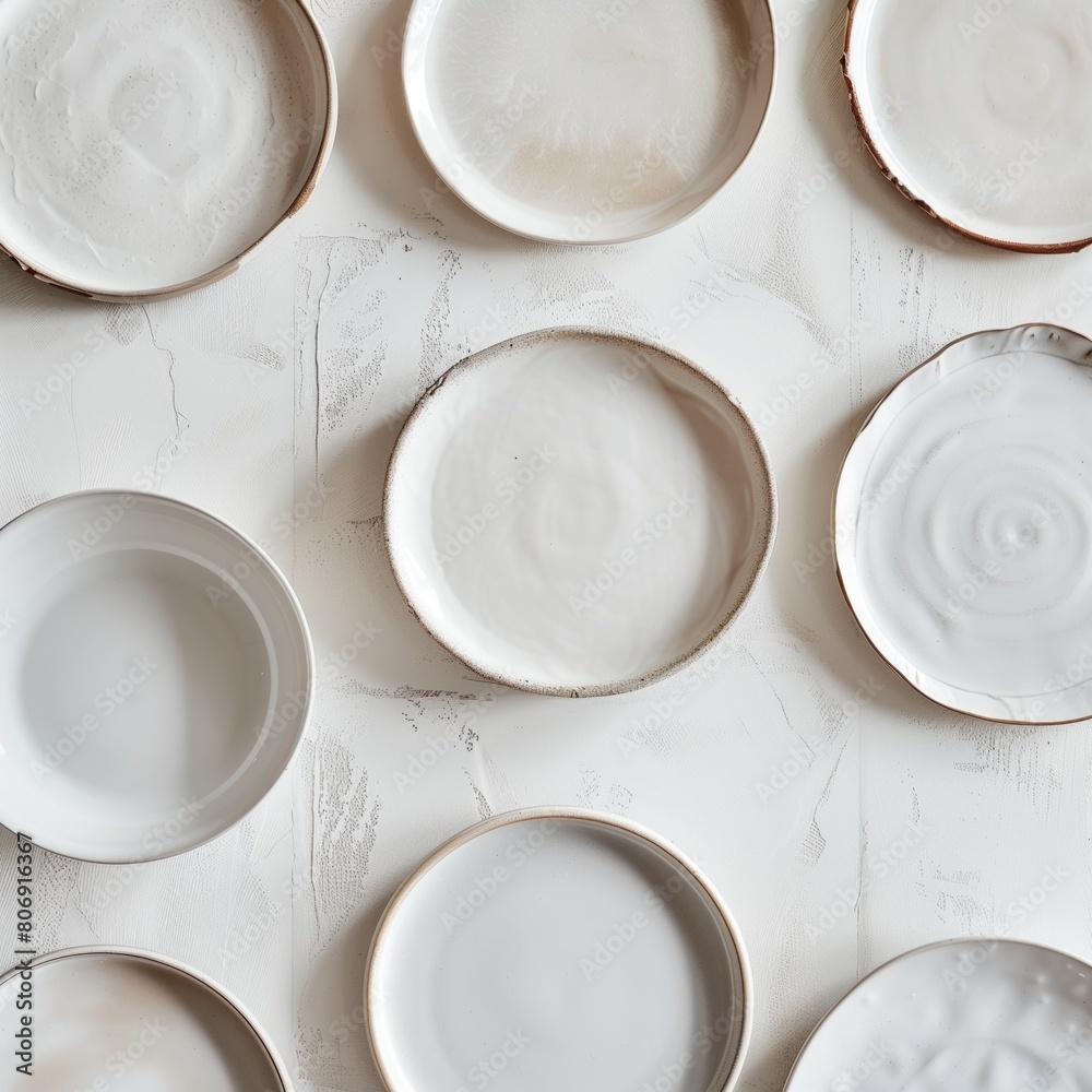 Overhead View Assorted Ceramic Plates on White Textured Background Overhead View Assorted Ceramic Plates on White Textured Background