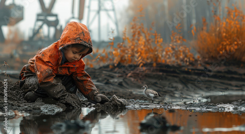 A child in dirty plays with mud on the edge of an oil field, next to which there is still water and small cranes