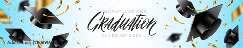 Banner with graduation caps thrown up and golden foil confetti on a blue background. Congrats Graduates. Horizontal vector illustration.