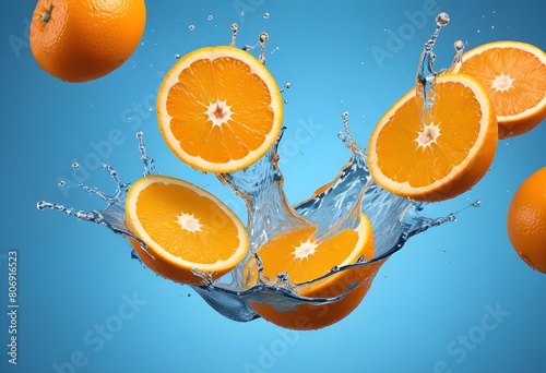 sliced oranges floating im water splashes