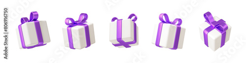 Set of realistic 3d render gift boxes. White gift box with purple bow and ribbon. Gift box in different angles. Vector illustration.