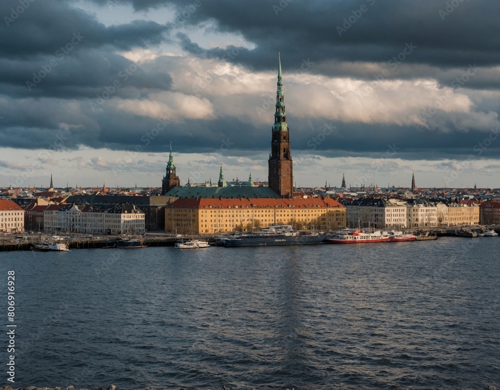 Marvel at the breathtaking skyline of Copenhagen, with its iconic landmarks such as the Christiansborg Palace and the Rundetårn set against the backdrop of the Øresund Strait