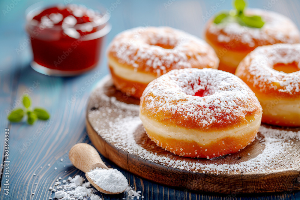 Doughnuts on Wooden Plate. Generative AI