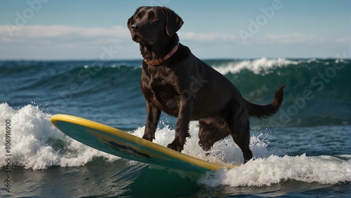 Surfing Elegance: Graceful Black Labrador Mastering Waves on a Sleek Surfboard with Pride