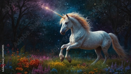 a shimmering unicorn prancing through a sky garden filled with stardust flowers