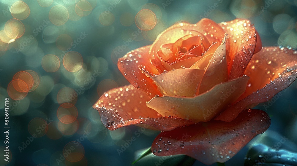 A sharp focus of a rose with water droplets on its petals and a hazy background beyond it A sharp focus of a rose with water droplets on its petals and a hazy background beyond it