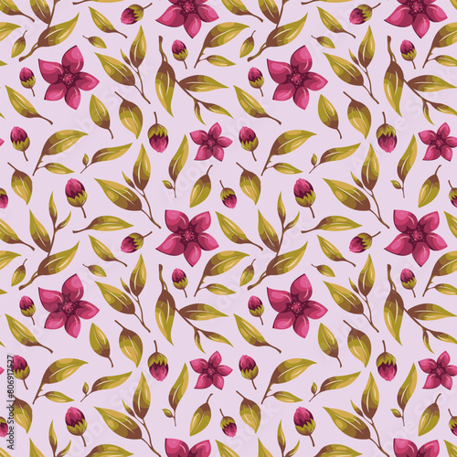 Seamless vector pattern of pink flowers and green leaves.