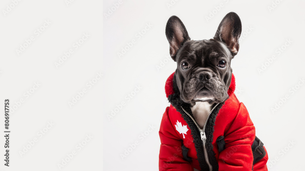 Patriotic Pooch: A French Bulldog Celebrates Canada Day in Style. Cute dog in red jumpsuit with maple leaf on white background with space for text