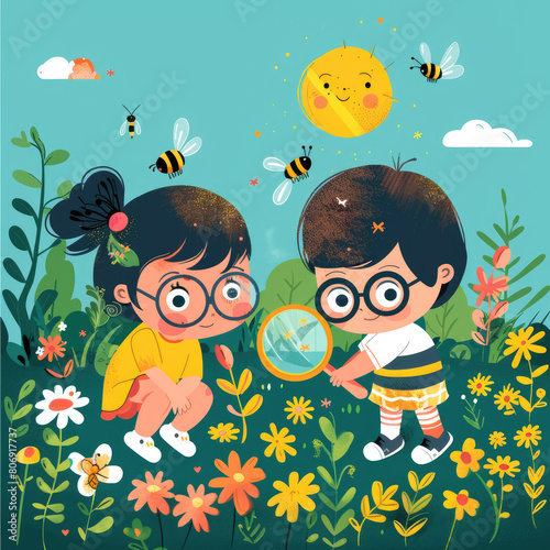 Little boy and girl with magnifying glass exploring garden in the style of a bright whimsical cartoon. Flat design vector illustration for children s book with a colorful background