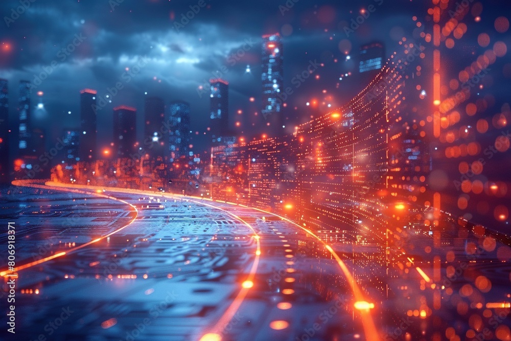 Obraz premium Vivid holographic visualization of real-time data analytics flowing across a digital information superhighway, depicted in a futuristic color scheme of red and blue.