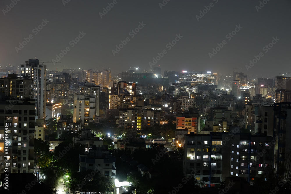 View of Pune in summer, Cityscape Skyline, buildings holdings, Signboards, and banners, Pune, Maharashtra, India