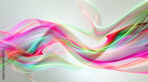  Vibrant multicolor waves with neon pink and green flashes  swirling dynamically across a white background