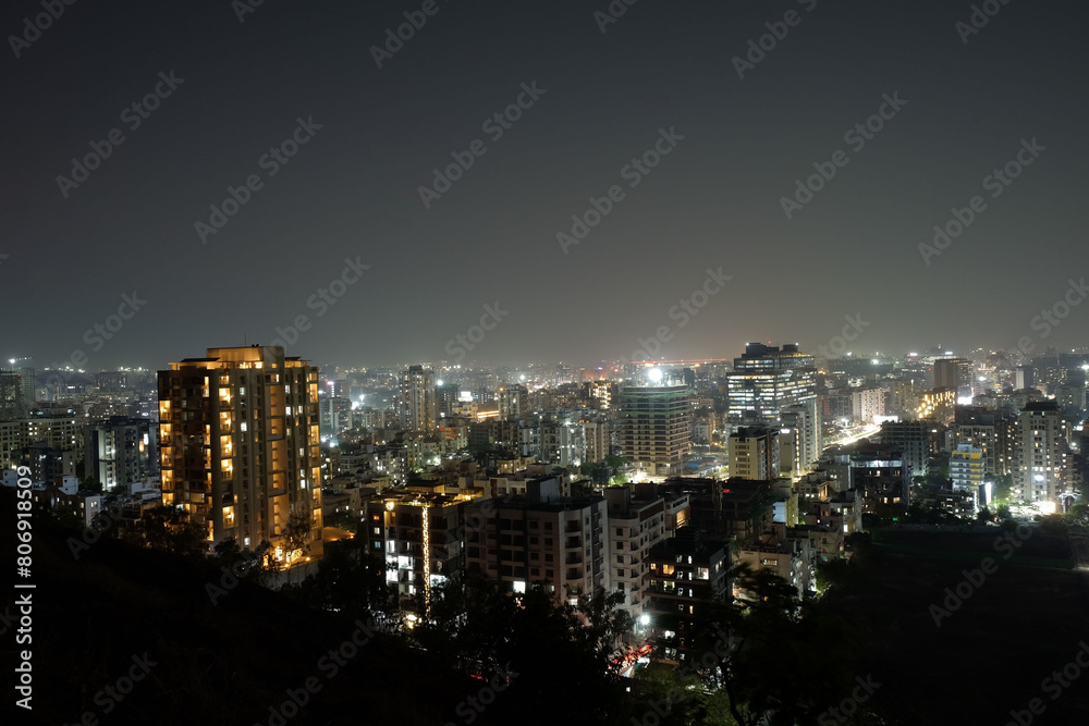 View of Pune in summer, Cityscape Skyline, buildings holdings, Signboards, and banners, Pune, Maharashtra, India