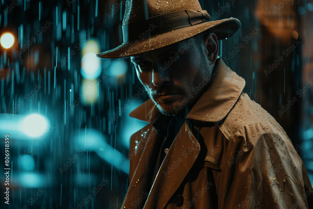Mysterious man in trench coat and fedora standing under the rain at night generative AI