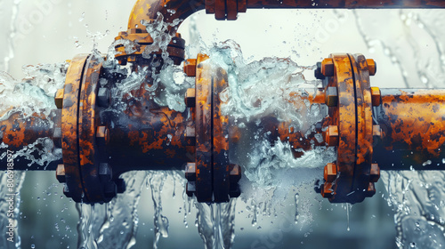 Close-up of a leaking, rusty pipeline with water splashing vigorously from it. photo