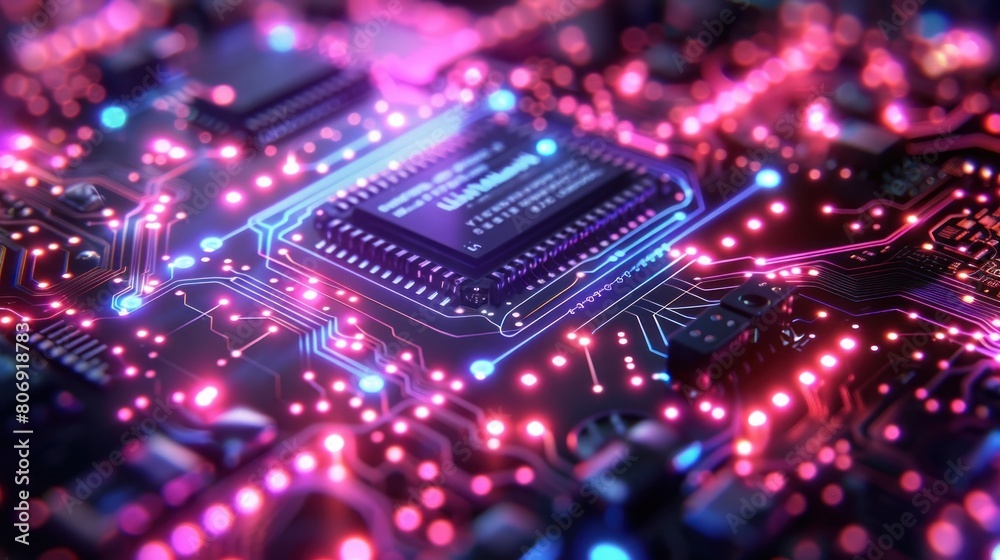 Fototapeta premium A digital artwork showcasing an intricate circuit board with glowing blue and purple elements