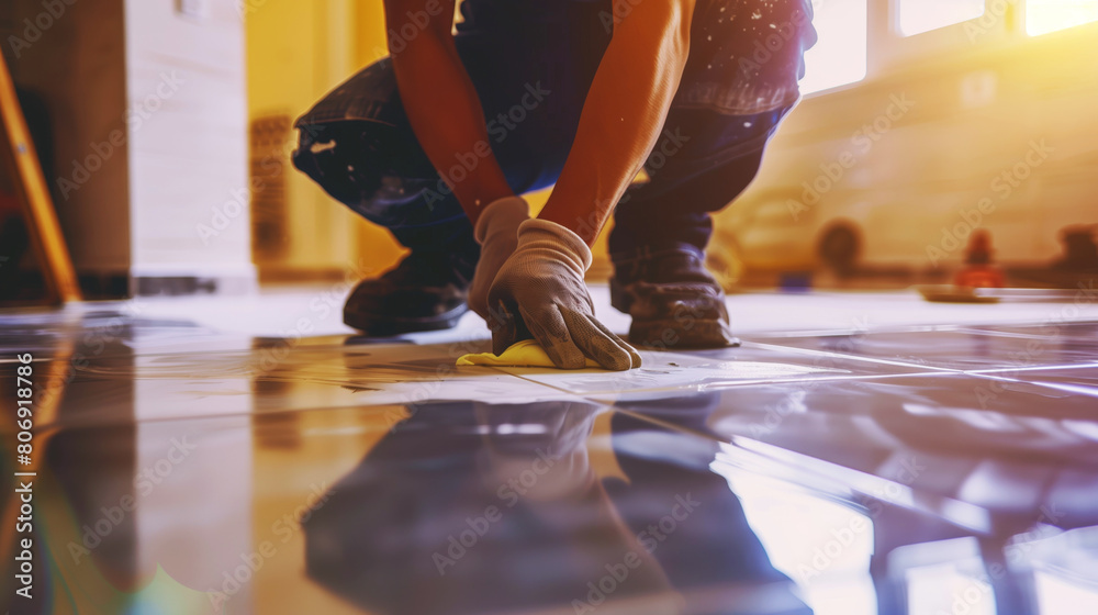 Fototapeta premium Close-up of a worker installing ceramic floor tiles, carefully pressing down on a tile with a gloved hand.