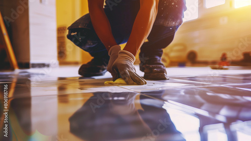 Close-up of a worker installing ceramic floor tiles, carefully pressing down on a tile with a gloved hand. photo