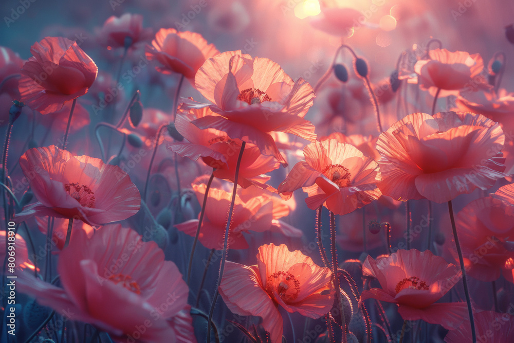 Pink Flowers Field Under Sunlight. Generative AI