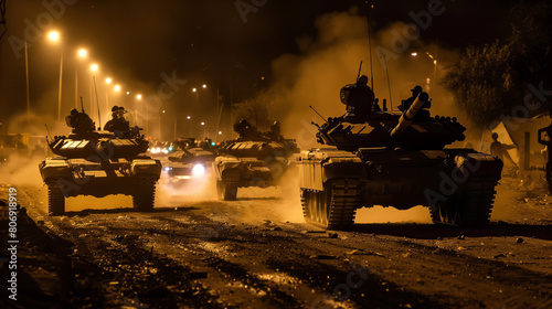 Iraqi army tanks driving along a dirt road at night, showcasing military operations in low-light conditions
