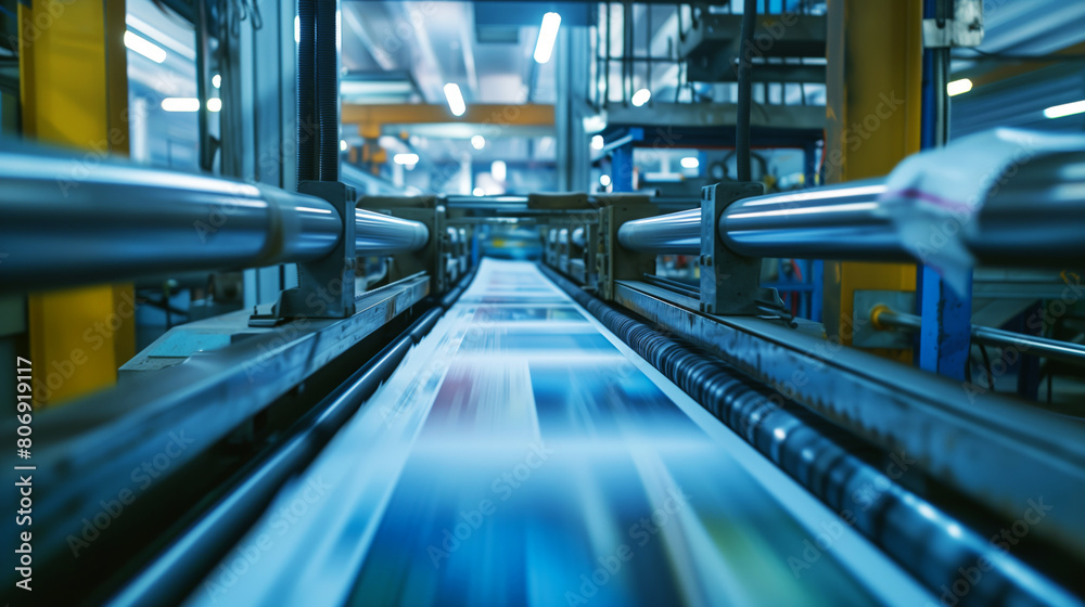 Obraz premium Dynamic view of paper sheets rapidly moving on a conveyor belt in a modern printing facility.