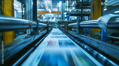 Dynamic view of paper sheets rapidly moving on a conveyor belt in a modern printing facility.