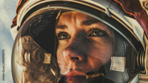 Through glass view of pensive young female model in astronaut suit and helmet looking at transparent window in space