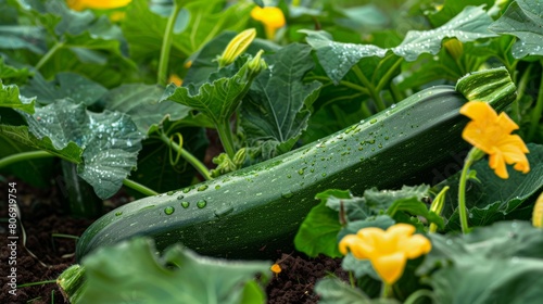 A Zucchini Amidst Yellow Flowers