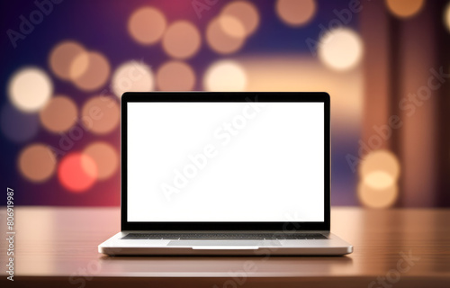 Laptop or notebook with blank screen on wood table in blurry background with orange bokeh. warm and blurred background.