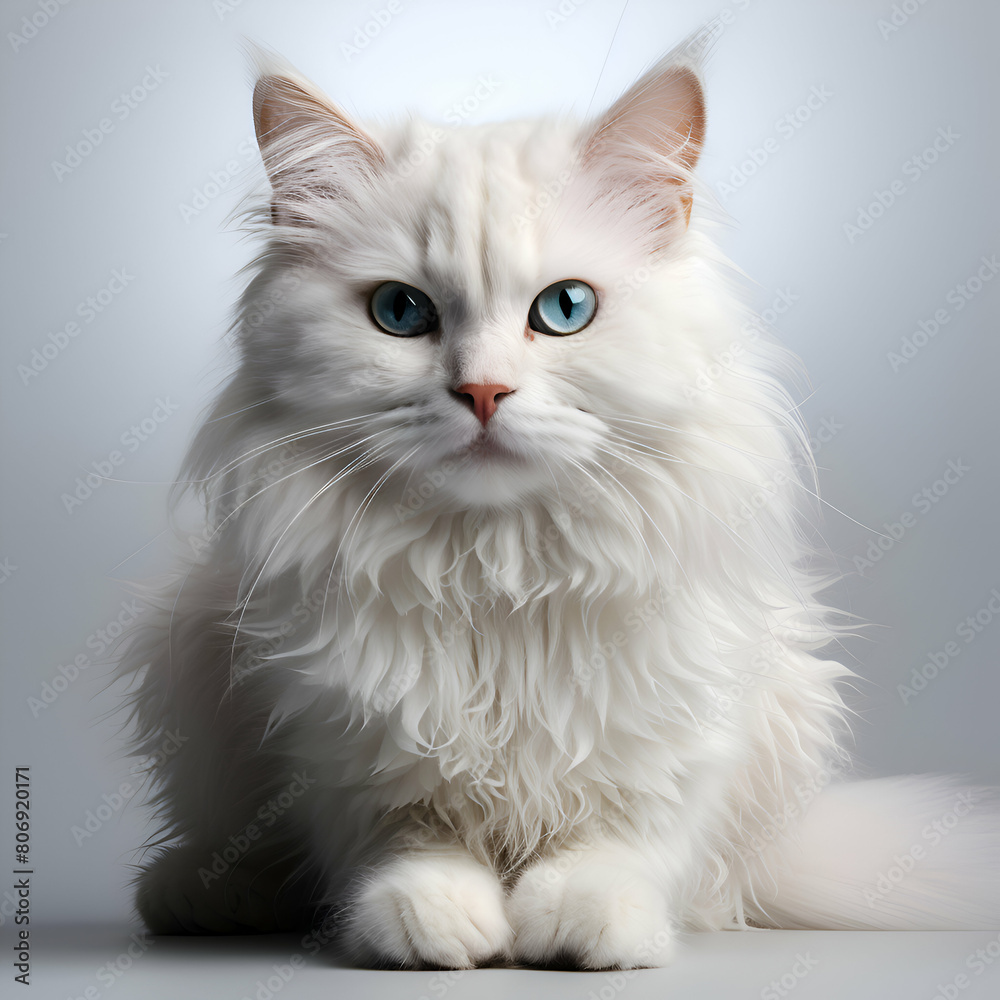 Beautiful white cat with blue eyes sitting in front of grey background
