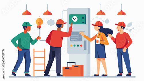 The installation team is busy setting up and connecting the fire alarm control panel the central hub for monitoring and responding to all fire safety. Vector illustration