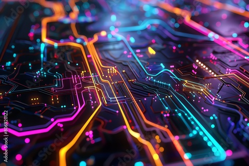 A dense network of futuristic metro lines, glowing in neon colors on a dark, textured city map background photo