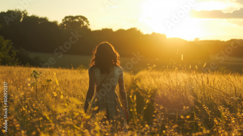 A woman is walking through a field of tall grass. The sun is setting, casting a warm glow over the scene. The woman is alone, and the field is empty, giving the impression of solitude and peacefulness