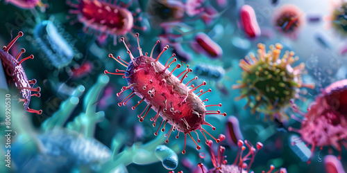 Close view of bacteria and virus cells under microscope in scientific laboratory on defocused blue background. © Hafiz