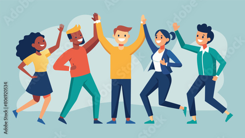 Adrenaline pumps through the group as they highfive each other and encourage one another to keep going.. Vector illustration