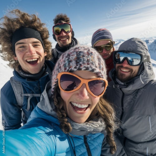 Exhilarating Moment With Friends Enjoying A Winter Vacation In The Snow, Capturing The Essence Of Youthful Joy And Adventure. © Artificial Ambience