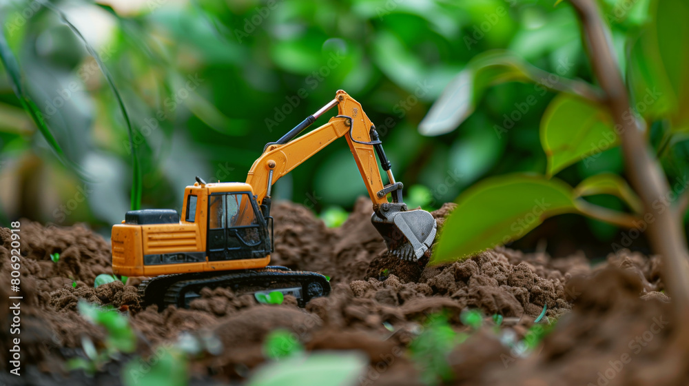A miniature toy excavator operates in a soil environment surrounded by lush green plants. A miniature toy excavator operates in a soil environment surrounded by lush green plants.