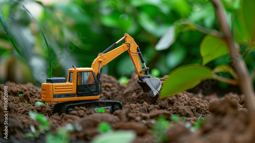 A miniature toy excavator operates in a soil environment surrounded by lush green plants.