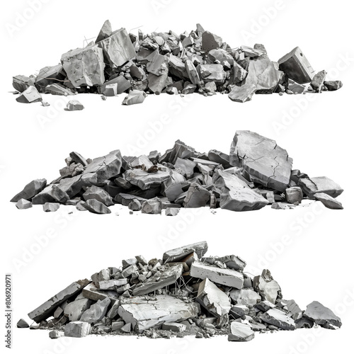 Panorama. A pile of concrete gray fragments of a destroyed building illuminated by the sun with a huge support beam in the foreground, isolated on a white background.
