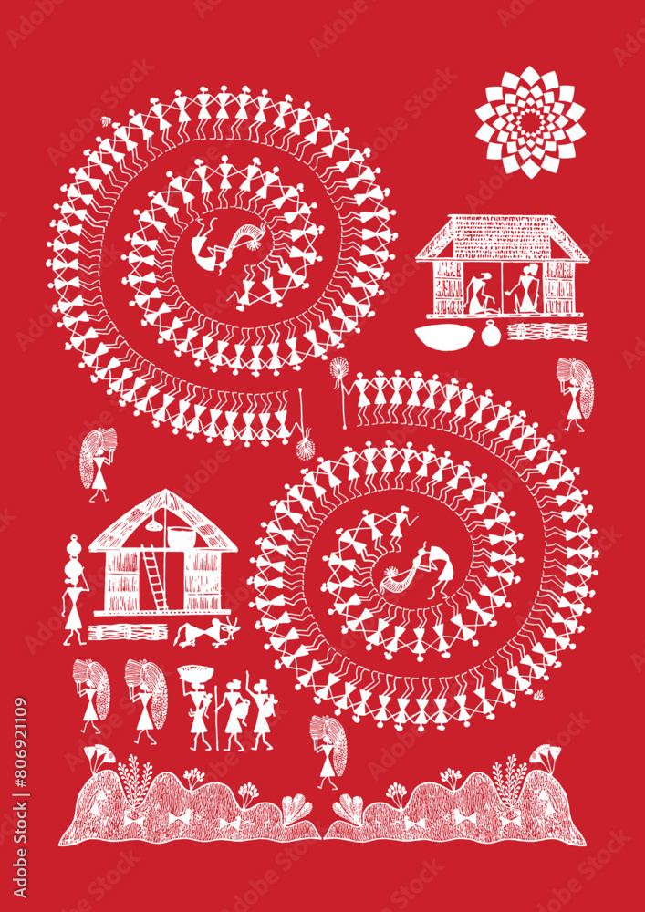 Echoes of Harmony: A Captivating Warli Scene - Rhythms of the Village 