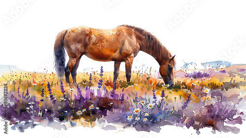 Image shows a beautiful watercolor painting of a brown horse grazing in a field of purple and yellow wildflowers. clip art , water color photo
