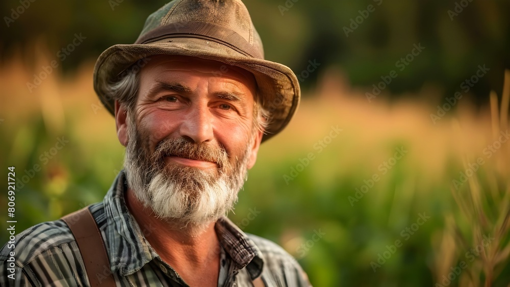 Farmer in front of organic crop field earthy tones show harmony. Concept Organic Farming, Farm Life, Earthy Tones, Harmony, Crop Field