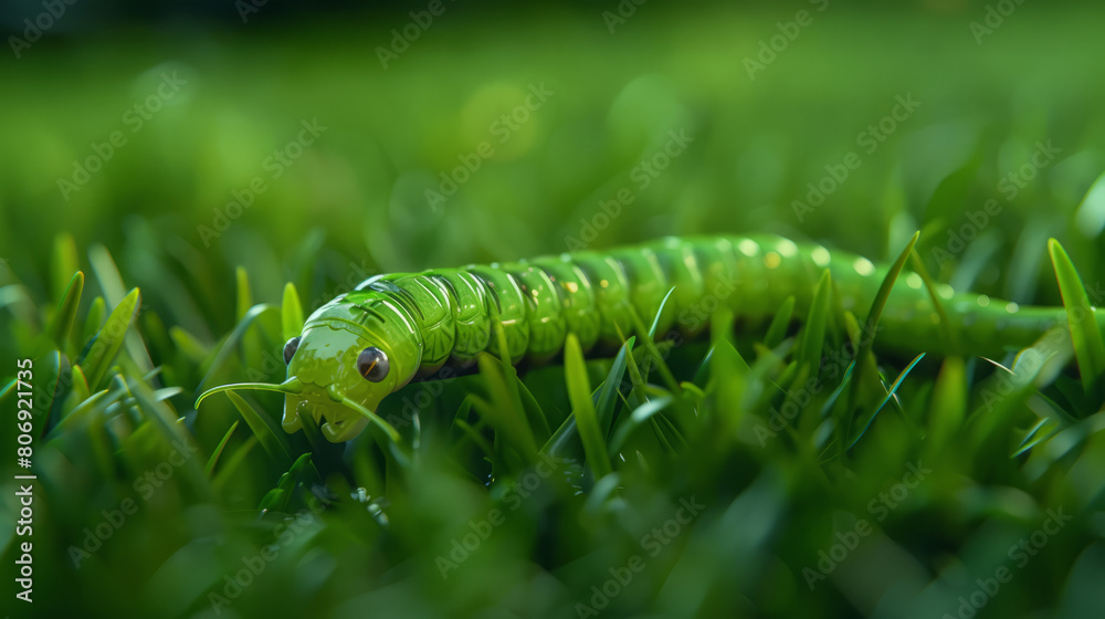 A Little green worm lies on the green grass