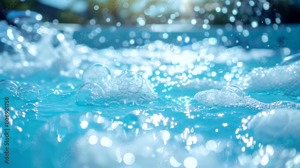Close-up image of sparkling water with bubbles and bokeh effects under sunlight. Close-up image of sparkling water with bubbles and bokeh effects under sunlight.