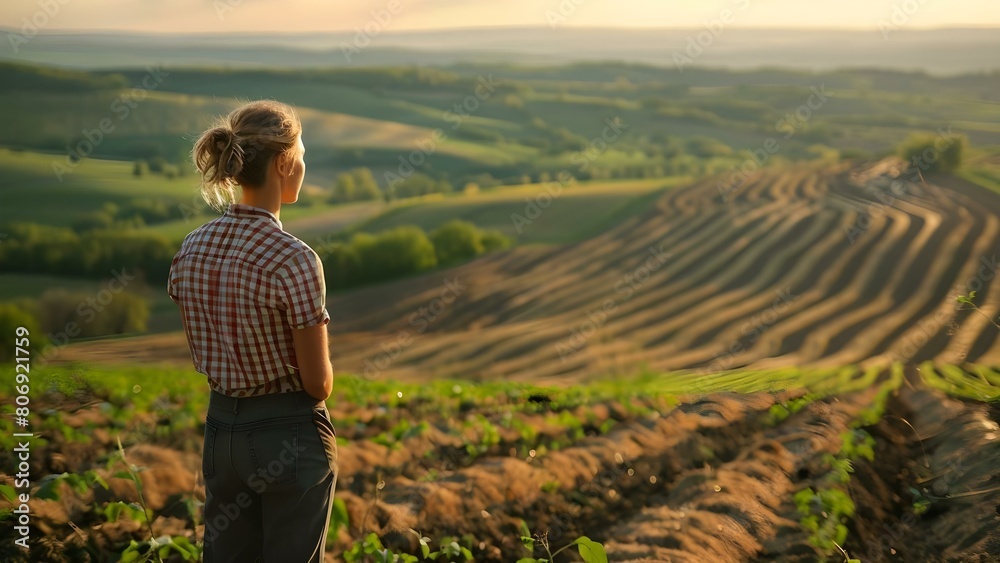A farmer overlooking a scenic landscape protected by conservation tillage methods. Concept Farming, Conservation Tillage, Scenic Landscape, Agriculture, Sustainability